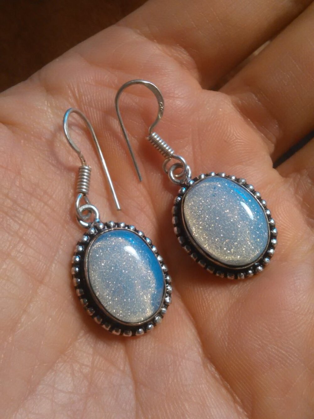 Simulated Opal Oval Design Dangle Earrings